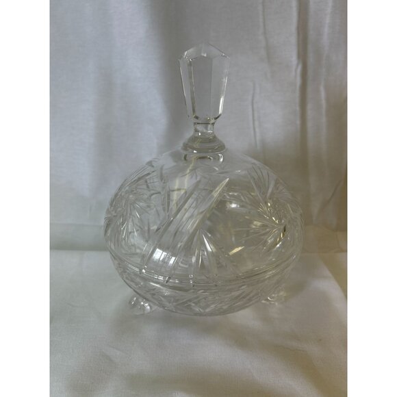 Vintage Crystal Lidded Candy Dish With Etched Starburst Design & Footed Base - Picture 1 of 2
